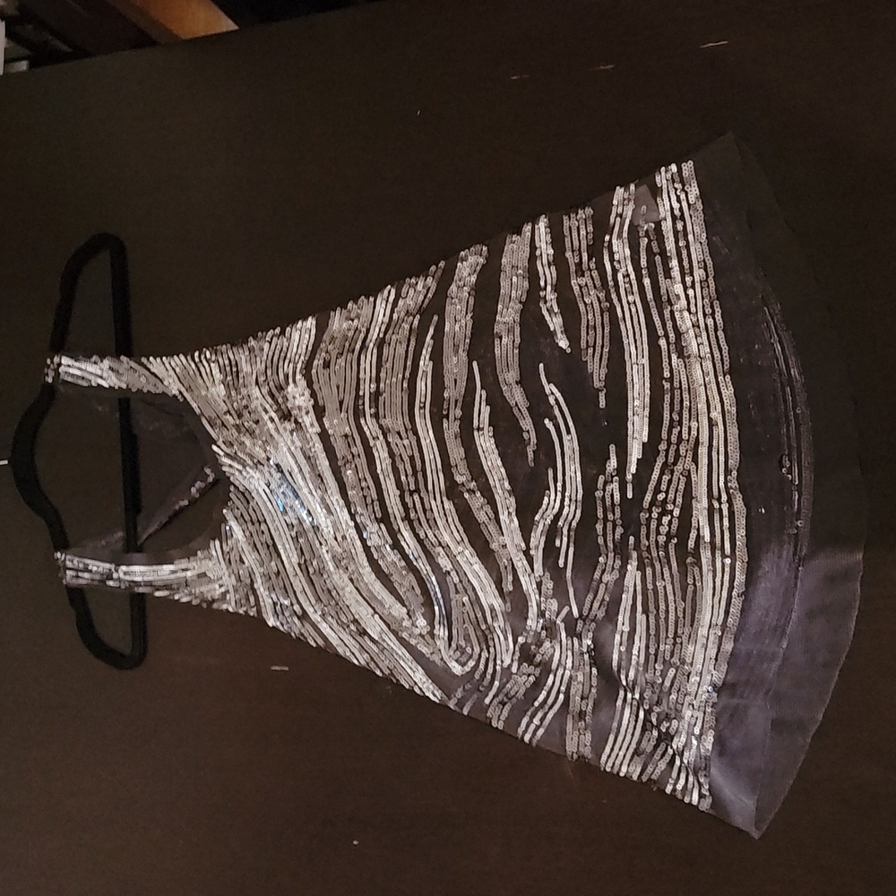 Oversized Sheer Sequin Hi Lo Racerback Flowy Evening Cocktail Tunic Top Size Lrg - Picture 4 of 12